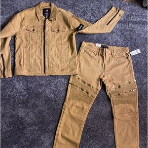 Trendy Men’s jean suit denim camel color jacket and biker jeans.size 34/34